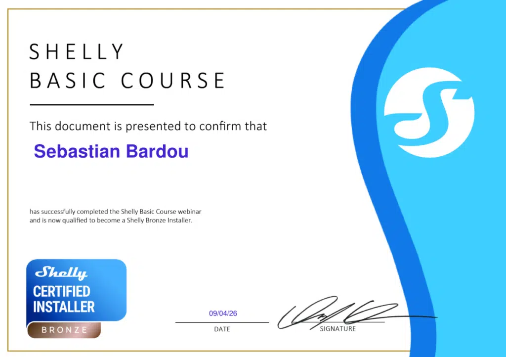 Certificado Instalador Shelly Bronce Tekni Home Roldán Funes Rosario